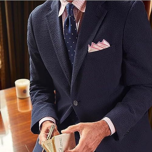 Mens Navy Blue Seersucker Blazer Breathable Outfit Leisure Groom Tuxedo Wedding Prom Suit4