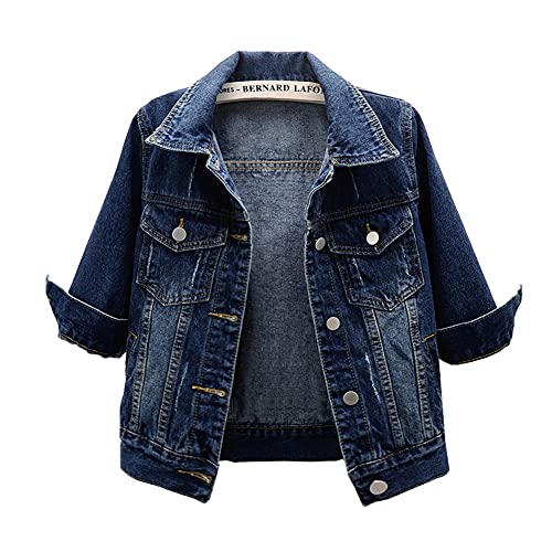 Women's Short Denim Jacket Round Neck Denim Three Quarter Sleeves