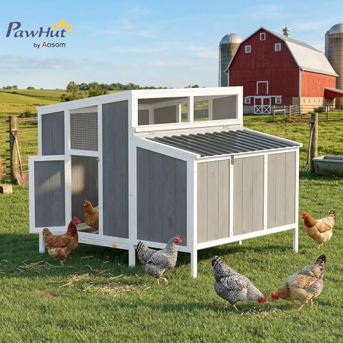 Image of PawHut Chicken Coop, Wooden Poultry Hutch for 4-6 Hens, Outdoor Hen House with Nesting Box, Weatherproof Roof and Removable Tray for Backyard, 49.2 inch x 39 inch x 40 inch, Gray