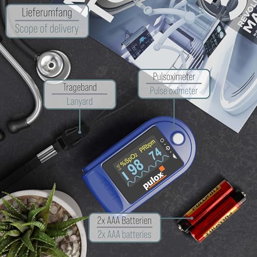 Pulsoximeter Pulox PO-200A Solo mit Alarm und Pulston in Blau für die Messung von Puls,...