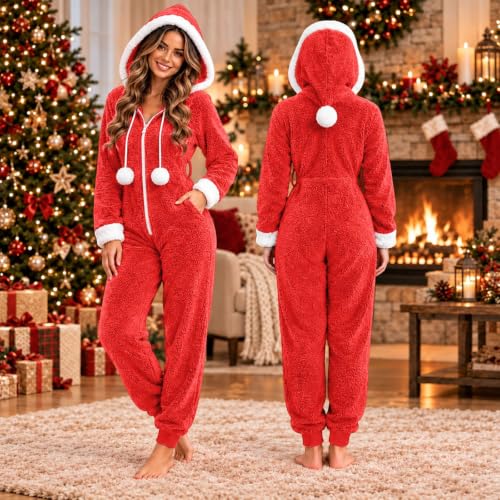 XINGJIAARTS Womens Flannel Pajamas Christmas Fuzzy Warm Hooded Pajamas Jumpsuit Zip Up Sleepwear Fleece Winter Cosplay Suit Red Small - image 3