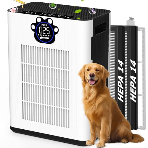 Image of DAYETTEAir Purifiers for Home Large Room Up to 3400 Ft with 2x H14 HEPA Filters, Double Air Inlet Air Cleaner with PM2.5 & TVOC Sensors, Pet Mode, Aromatherapy for Smoke Dust Pets Hair Odor, White