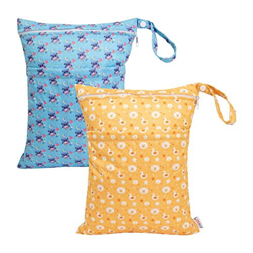 Image of ALVABABY 2pcs Cloth Diaper Wet Dry Bags Waterproof Reusable with Two Zippered Pockets Travel Beach Pool Daycare Soiled Baby Items Yoga Gym Bag for Swimsuits or Wet Clothes LX-YX105108