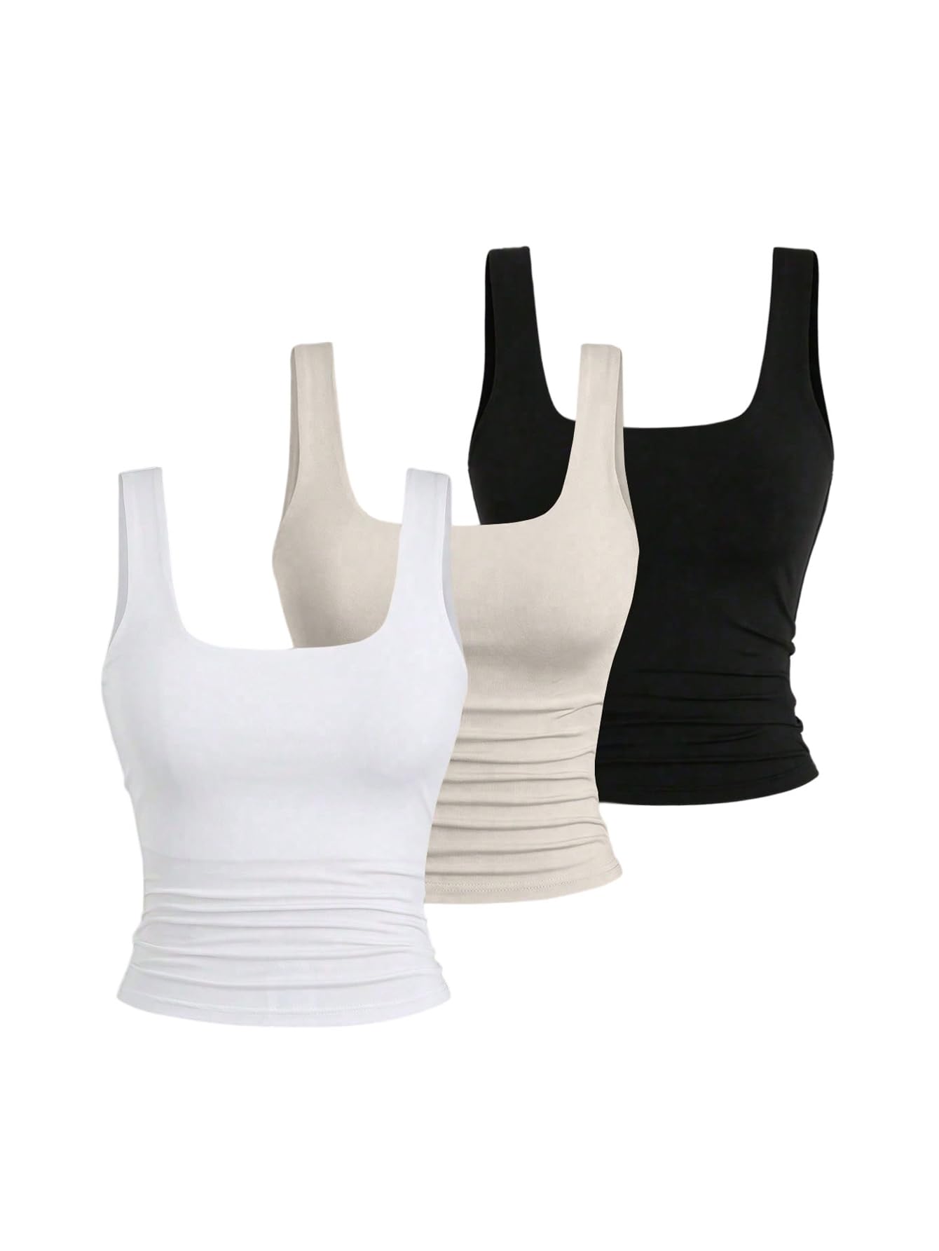 Womens Y2k Double Lined 3 Piece Crop Tank Top Sets Square Neck Sleeveless Ruched Tee Shirt Basic Tops