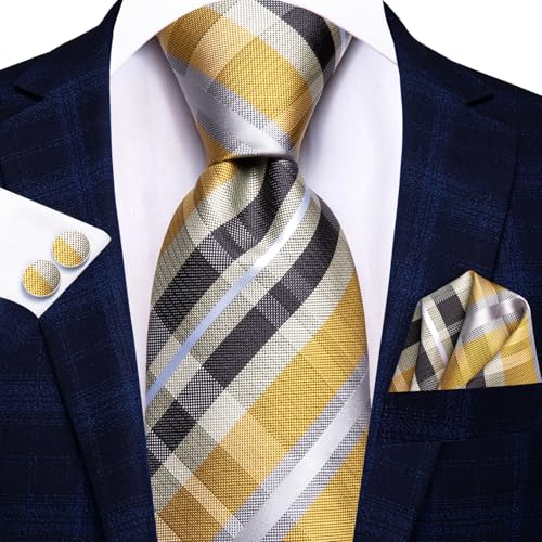 Image of Hi-Tie Mens Plaid Ties Classic Paisley Necktie with Handkerchief Cufflinks Set Business Stripe Tie