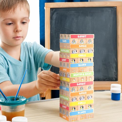 Image of Bluey Tumbling Tower Game, 54 Illustrated Wooden Blocks, Ages 3+