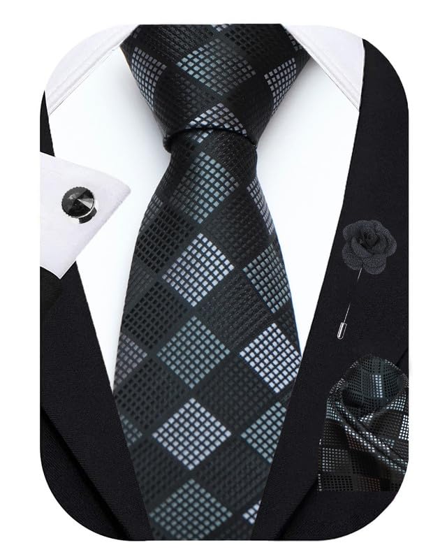 Image of Axlon Tie for Men - Micro Silk Neck Ties Set with Cufflinks Flower Pin, Pocket Square & Black Gift Box, Combo Necktie Sets for Office Wear, Formal Suits & Weddings (0, Checkpn)