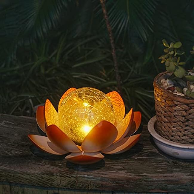 Decorman Solar Garden Lights Outdoor, Crackle Globe Glass Lotus Decoration, Waterproof Metal LED Flower Lights for Yard, Patio, Lawn, Pathway, Tabletop (1 Pack, Orange)