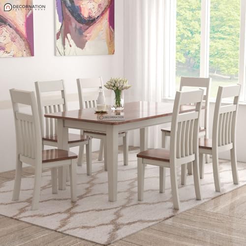 Image of DecorNation Chimay Solid Wood 6 Seater Dining Table Set with Chairs| Dual Tone White & Walnut Finish | Modern Rectangular Dining Table for Home