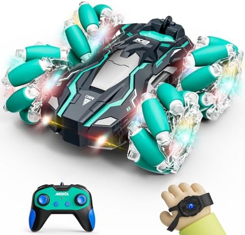 RC Stunt Car Toddler Toy, 4WD All-Terrain Remote Control Car with LED Lights, Double-Sided Flips, 360° Rotation, 2.4GHz Gesture Sensing RC Cars, Gift for Boys Ages 8-13(Green)