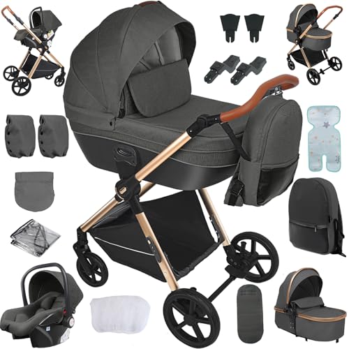 NADDLILY Carrito Bebe 4 en 1, Carrito Bebe con Diseño Portátil Plegable de Un Clic, Carro de Bebe 4 Piezas con Empuje Reversible de Dos Vías, Cochecito Bebe 4 Piezas con Accesorios (H2 Deep Grey)