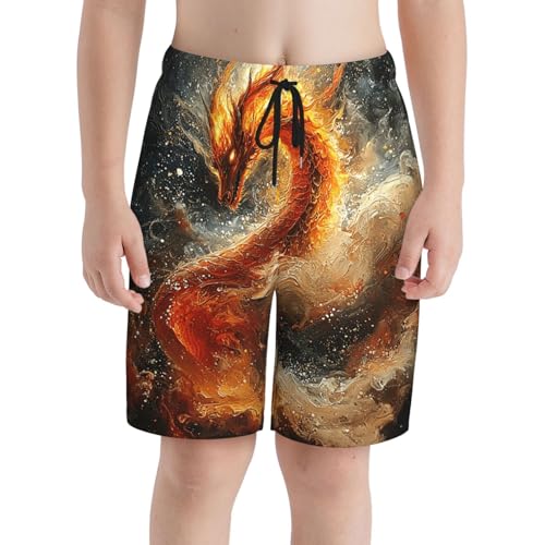Boys Beach Board Shorts Swim Trunks Teen Kids Quick Dry Bathing Suits, Galaxy Fire Dragon Art3