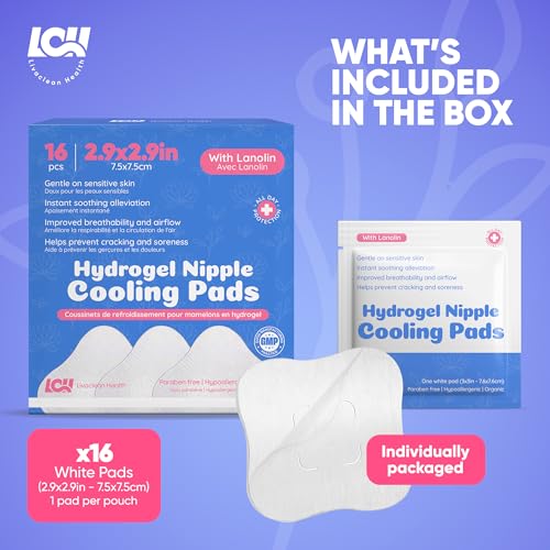 Image of 16CT Hydrogel Nipple Pads for Breastfeeding with Lanolin - Cooling Sore Nipple Gel Soothing Pads - Breast Feeding Essentials for Moms by Livaclean Health (Pack of 2)