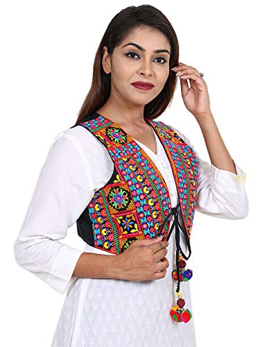 Image of Craft Trade Women's Cotton Embroidered Kutchi Jacket with Tassels Sleeveless Mirror Work