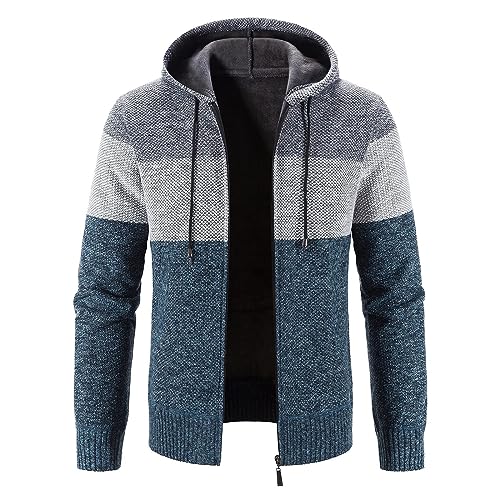 Mens Casual Zip Up Hooded Cable Knit Cardigan Sweater Long Sleeve Colorblock Velour Sherpa Fleece Lined with Pocket