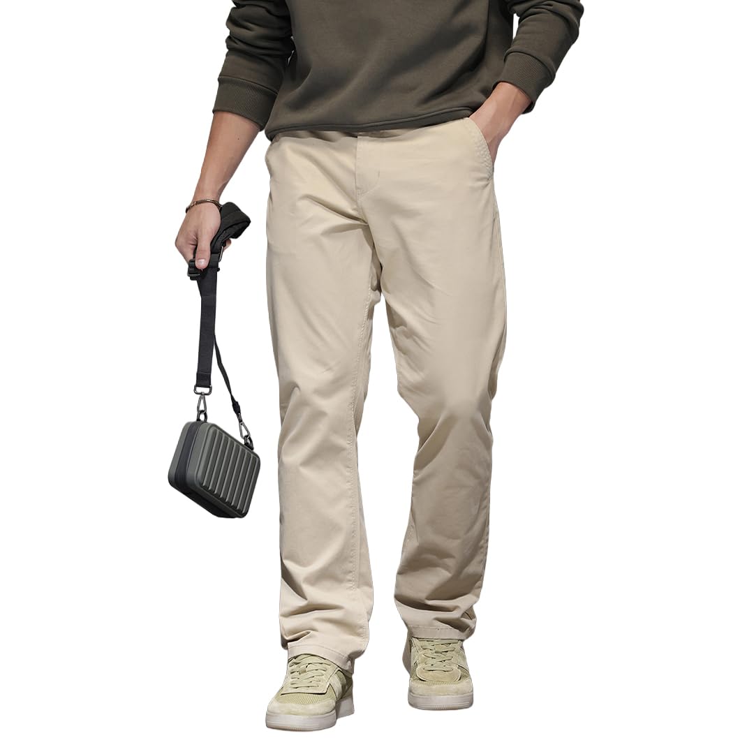 WROGN Men's Cotton Spandex Trousers | Solid Design | Relaxed Fit in neutral