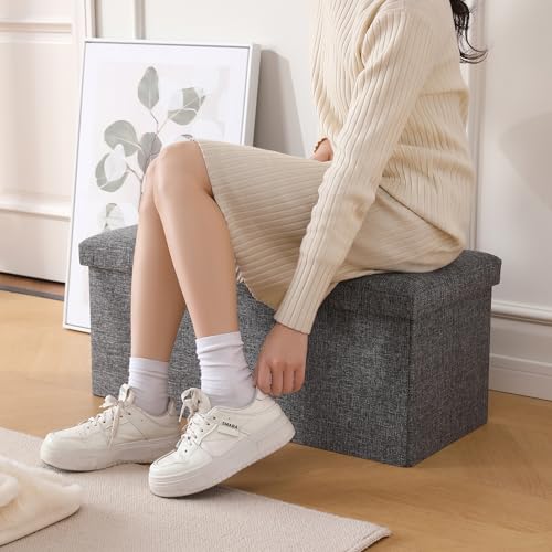 Image of Storage Ottoman Bench Foldable Footrest Foot Stool, 30 inch Fabric Grey | Small Ottoman Foot Rest Seat Shoe Bench Flip-Top forliving Room End of Bed Bedroom Couch Dorm, 80L Folding Upholstered Chair