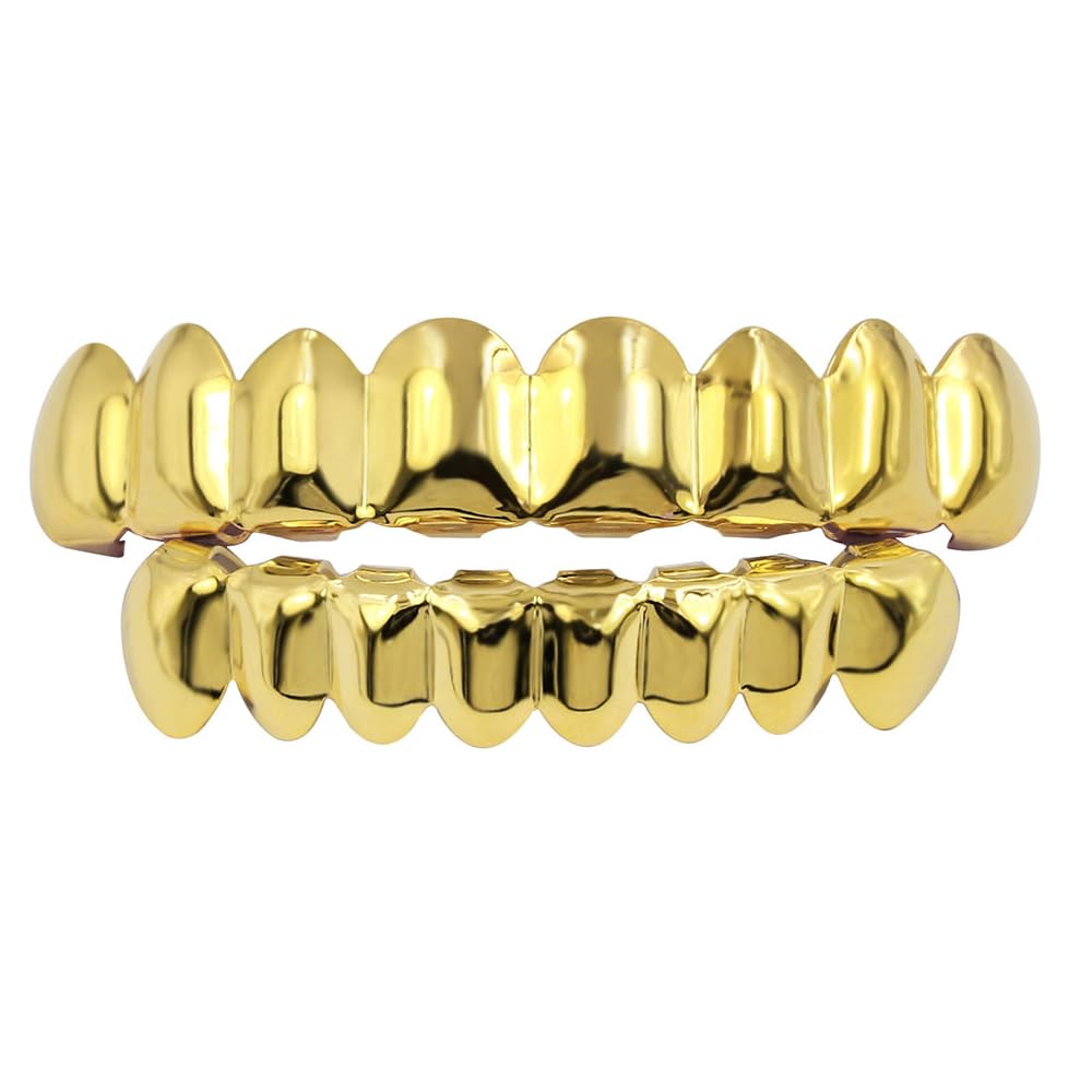 Acfun24K Gold Plated Hip Hop Teeth Grillz Punk Custom Fit Polished Teeth Grillz Caps Top & Bottom Grill Set with 2 Silicon Molding Bars Removable Grills For Women Men Gift Halloween Party