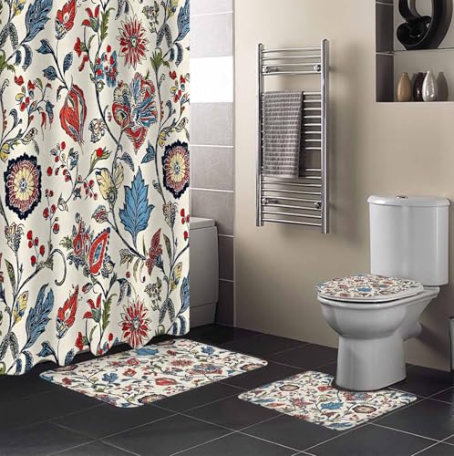 Boho Floral Bathroom Set with Shower Curtain and Rug Accessories - 36x72 Inches Long Blue Red Flower Vintage Petals Branch Leaf Stall Curtain Waterproof with Small Bath Mat,Washable Runner Rug Set