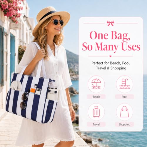 Image of LEDAOU Beach Bag Waterproof Sandproof Women Beach Tote Pool Bag with Zipper for Swim Gym Grocery Travel with Wet Pocket | Sandproof