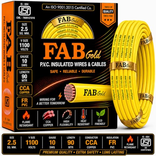 Image of 2.5 sqmm Single Core Copper Electrical Wire, 90 Meter (Yellow) | Heat Resistant & Flame Retardant (FR) | Lead-Free LSH House Wire for Home & Industrial Use