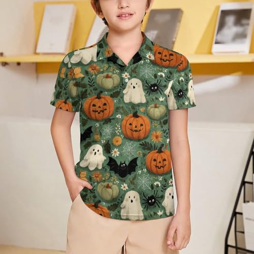 Boys' Classic Polo Shirts Short Sleeve Moisture-Wicking Golf & Tennis Shirts for Youth Teens Halloween Pumpkin Bat2
