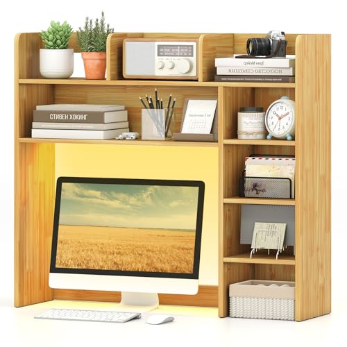Image of Tangkula Desktop Bookshelf with LED Lights, Desk Hutch with 8 Shelves for Max 25 inch Monitor, Desktop 5-Tier Display Rack, Wood Desktop Storage Hutch Organizer for Dorm Office Home, Burlywood
