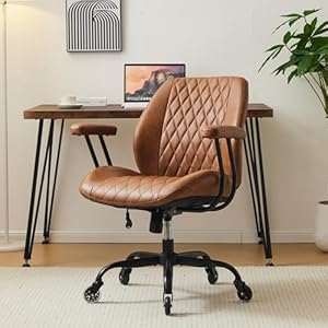 YFO Home Office Desk Chair Office Rubber Casters Ergonomic Computer Chair with Lumbar Support Adjustable Height Rolling Swivel Executive Task Armrests Chairï¼ Brown Leather