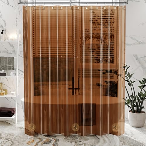 Image of AmazerBath Premium EVA Shower Curtain Amber, Luxury Clear Brown Jelly-Like Soft Waterproof Shower Curtain with 3 Weighted Stones and 12 Grommets, Recyclable Packaging