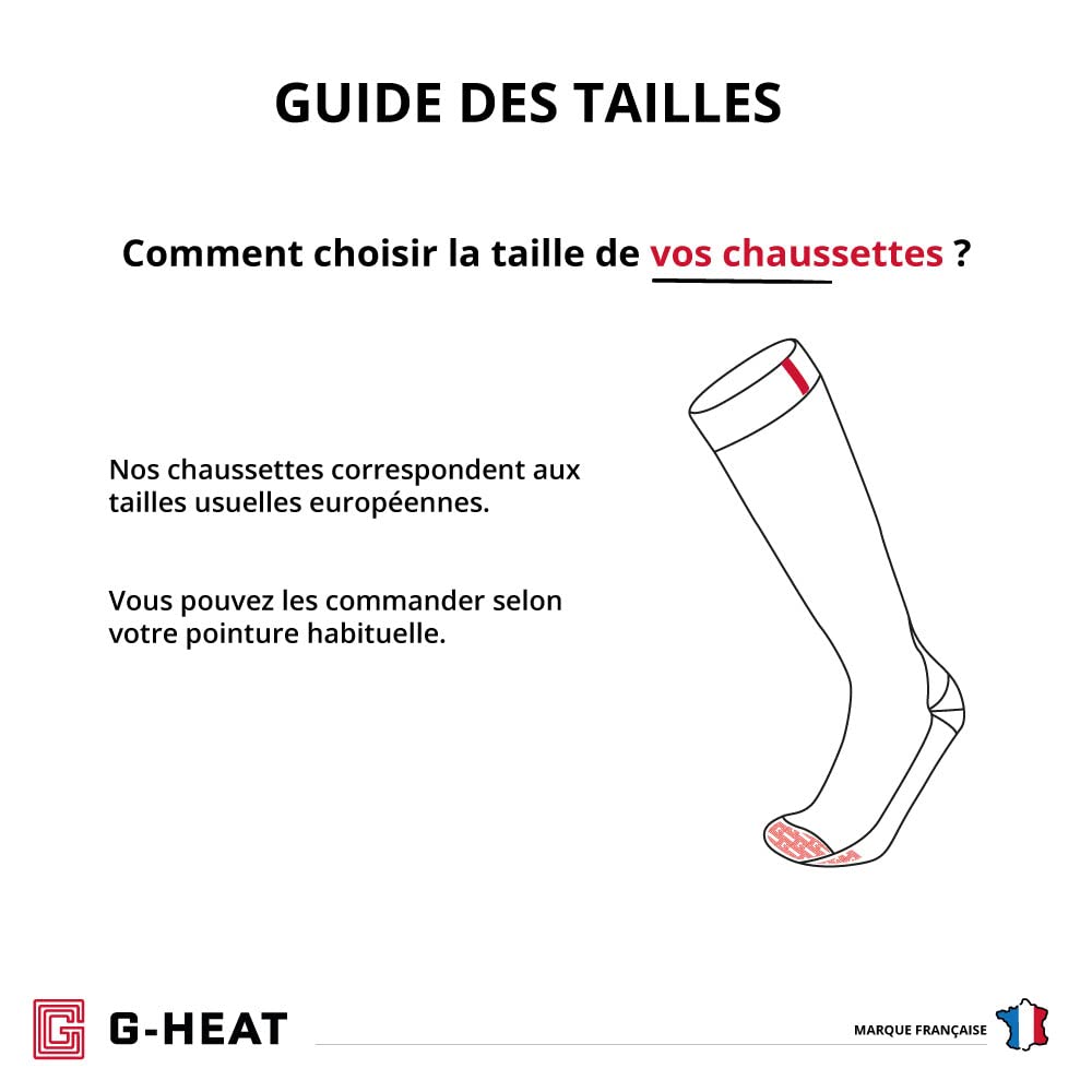 G-HEAT - Chaussettes chauffantes Outdoor - Mixtes - Epaisses - Douces. Usages : Sports d'hiver, Rando, équitation, Ville, Travail, Bien-être. Fournis avec 1 Paire de Batteries et câble de Recharge