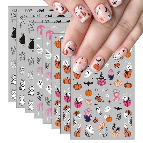 Evadollina Autocolantes de unhas de Halloween, 8 folhas autocolantes de unhas de Halloween, autocolantes de abóbora, arte de unhas, acessórios de unhas, design de unhas, Natal (tipo A)