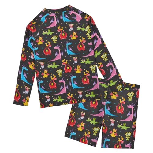 Cute Cartoon Dragon Boys Swimsuit Rash Guard Toddler Kids Long Sleeve Swim Shirt and Trunks 2 Piece Swimwear Set 3-10Y2