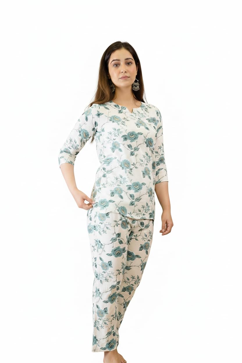 Women's Floral Printed Co-ord Set, White with Teal Rose Print, Pure Cotton, 3/4 Sleeve Top & Palazzo Pant-image-13