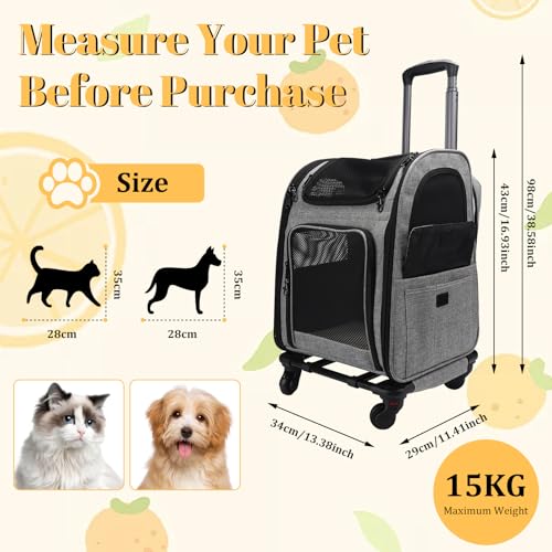mumisuto Transportbox Katze mit Rädern 360° Drehbar, Transportbox Hund mit Taschen, Hundewagen Trolley-Rucksack, Tragbar und Atmungsaktiv, für kleine Hunde und mittelgroße Katzen bis zu 15 KG
