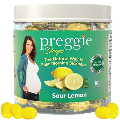 Image of Three Lollies Preggie Drops Pregnancy Nausea Relief Drops with Vitamin B6 and Essential Oils, Morning Sickness and Queasy Stomach Support for Pregnant Women, Sour Lemon, 100 Count
