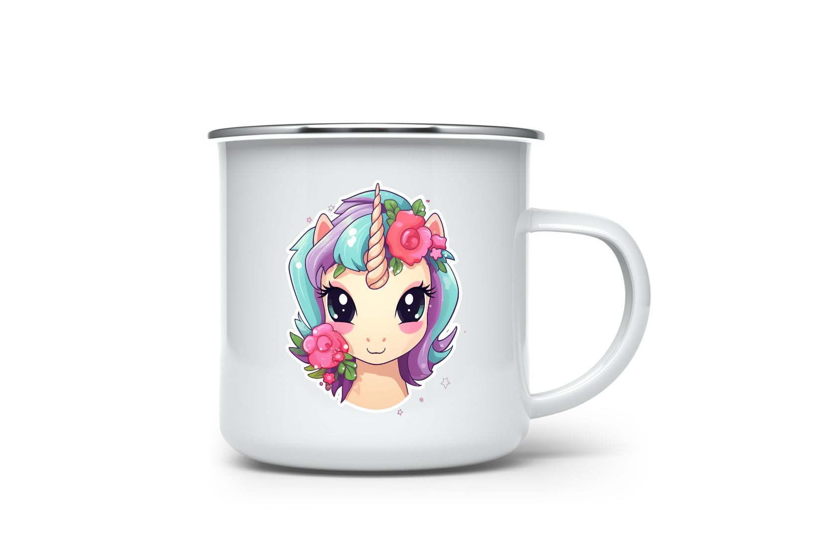 MAXIKIWI - Durable Enamel Coffee or Tea Camping Mug for Indoor Outdoor Use - Kawaii Unicorn Stickers - 350ml