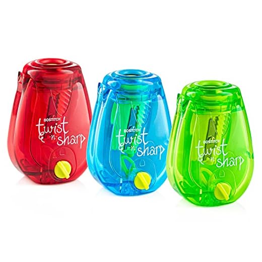 Bostitch Pencil Sharpener Twist-N-Sharp Colored Manual Small Pencil Sharpeners Hand Held, 3 Pack, Covered, Single Hole, Lime Green, Blue and Red Color Portable Handheld Sharpeners with Cover for Kids