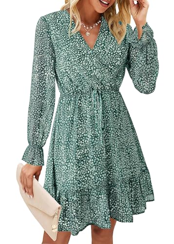 Image of KIRUNDO Women Casual Summer Fall Dresses Long Sleeve Floral Wrap V Neck High Waist Ruffle Tiered A Line Flowy Mini Dress(Dark Green, Large)