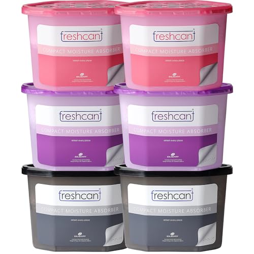 Image of freshcant Compact Moisture Absorber Refresh Every Place, Dehumidifier for Wardrobe /Closets, Storage Compartment, Cupboard, Almirah, Shoe Rack, Bathroom Uses (COMBO PACK OF 6 -2 LAVENDER, 2 ROSE & 2 CHARCOAL)