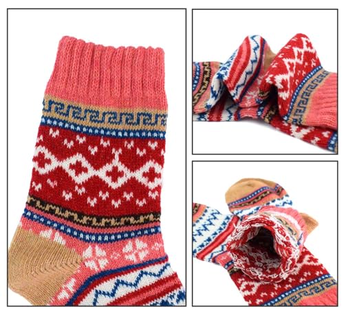Image of Women Winter Socks 5 Packs Wool Socks Gifts for Mom Warm Vintage Soft Christmas Socks Thick Cold Knit Crew Socks