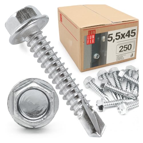 250 viti autoperforanti 5,5x45 mm con testa esagonale DIN 7504K in acciaio zincato con punta di trapano per lamiera trapezoidale e lamiere metalliche