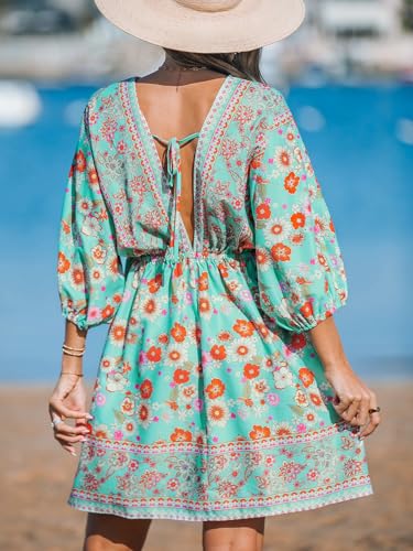 Image of CUPSHE Women's Plunging V Neck Backless Beach Dress Paisley Boho Blouson Sleeve Back Tie Waist Tie Mini Summer Dresses