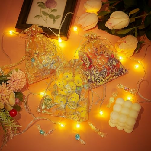 Image of XCLUSY 50PCS (13X18CM)(5x7 inchINCH) Potli Bags for Gifting - Multipurpose Wedding Return Gift Bags | Party Favour, Birthday, Anniversary, Festive Packing Pouches | Organza, Cloth, Brocade, Fancy Luxury Goodie Bags (ORANGE PRINTED, 1 Count(Pack of 50))