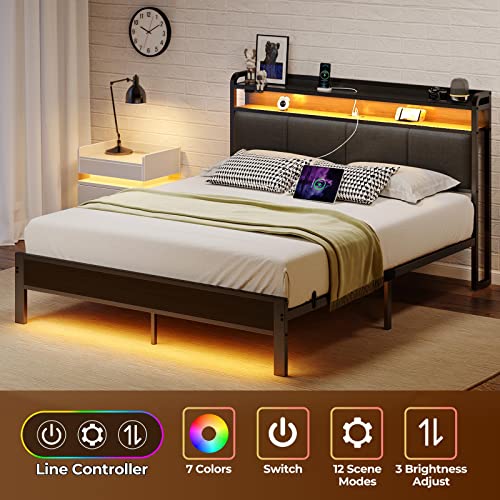 Rolanstar Bed Frame Full Size With Charging Station And Led Lights, Upholstered Headboard With Storage Shelves, Heavy Duty Metal Slats, No Box Spring Needed, Noise Free, Easy Assembly, Dark Grey #TOP1