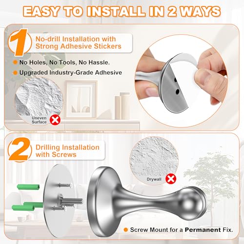 Image of Crosize Magnetic Door Stoppers 2 Pack, Stainless Steel Door Stops for Wall and Floor Mounting, Door Holder Keep Door Open, No Drilling Door Stop with Adhesive Tapes, Silver