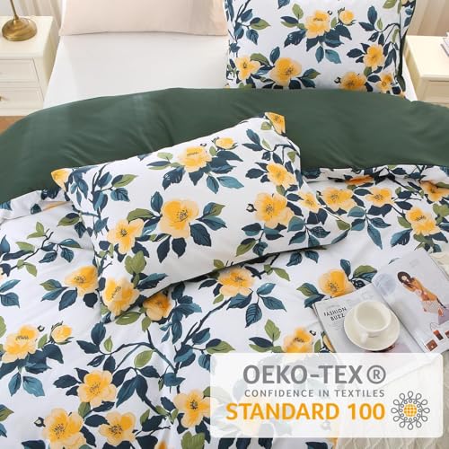 Duvet Cover King Size, Reversible Floral Vintage Duvet Cover Set with Zipper Closure, 3 Pieces Botanical Patterns Soft Microfiber Bedding Set (90"x104", 2 Pillow Cases 20"×36", Winter Jasmine Green)