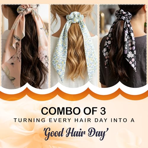 Image of GLUN Satin Bow Scrunchies Set of 3 (1 Pcs Each Design), Silk Hair Scrunchies with Long Ribbon Bows for Women & Girls, Soft Elastic Ponytail Holders, Floral Hair Ties for Daily Wear, Parties & Gifts