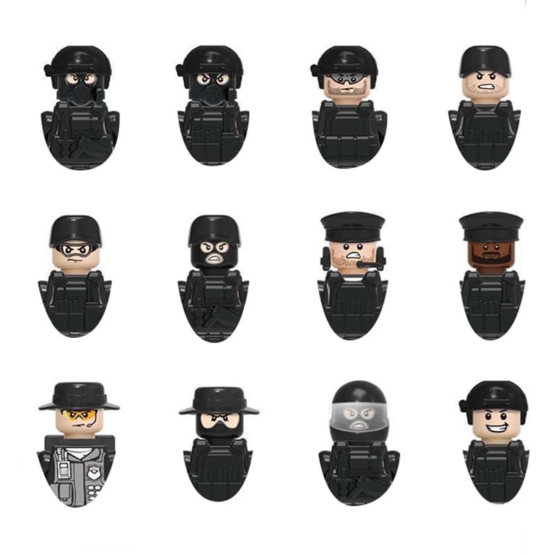 GURENON 12pcs Police Building Blocks Military Forces Soldiers Bricks Armed Building Blocks Figures Army Weapons Accessories Toy for Kids…, Black