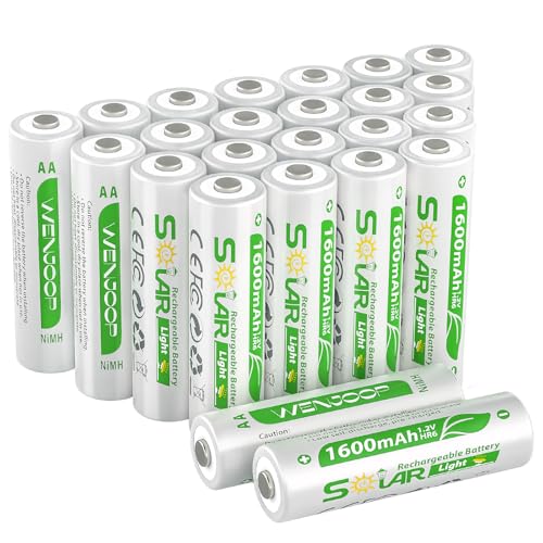 WENJOOP 24 Pack AA Rechargeable Batteries for Solar Lights, NiMH 1.2V 1600mAh Precharged Low Self-Discharge, Replacement Batteries for Outdoor Garden Pathway Deck Fence String Lights