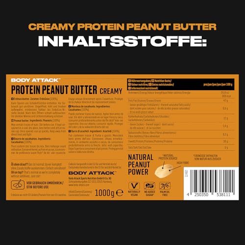 Body Attack Peanut Butter Creamy, 1kg - Erdnussbutter 30% Protein ohne Zuckerzusatz, vegan, ohne palmöl